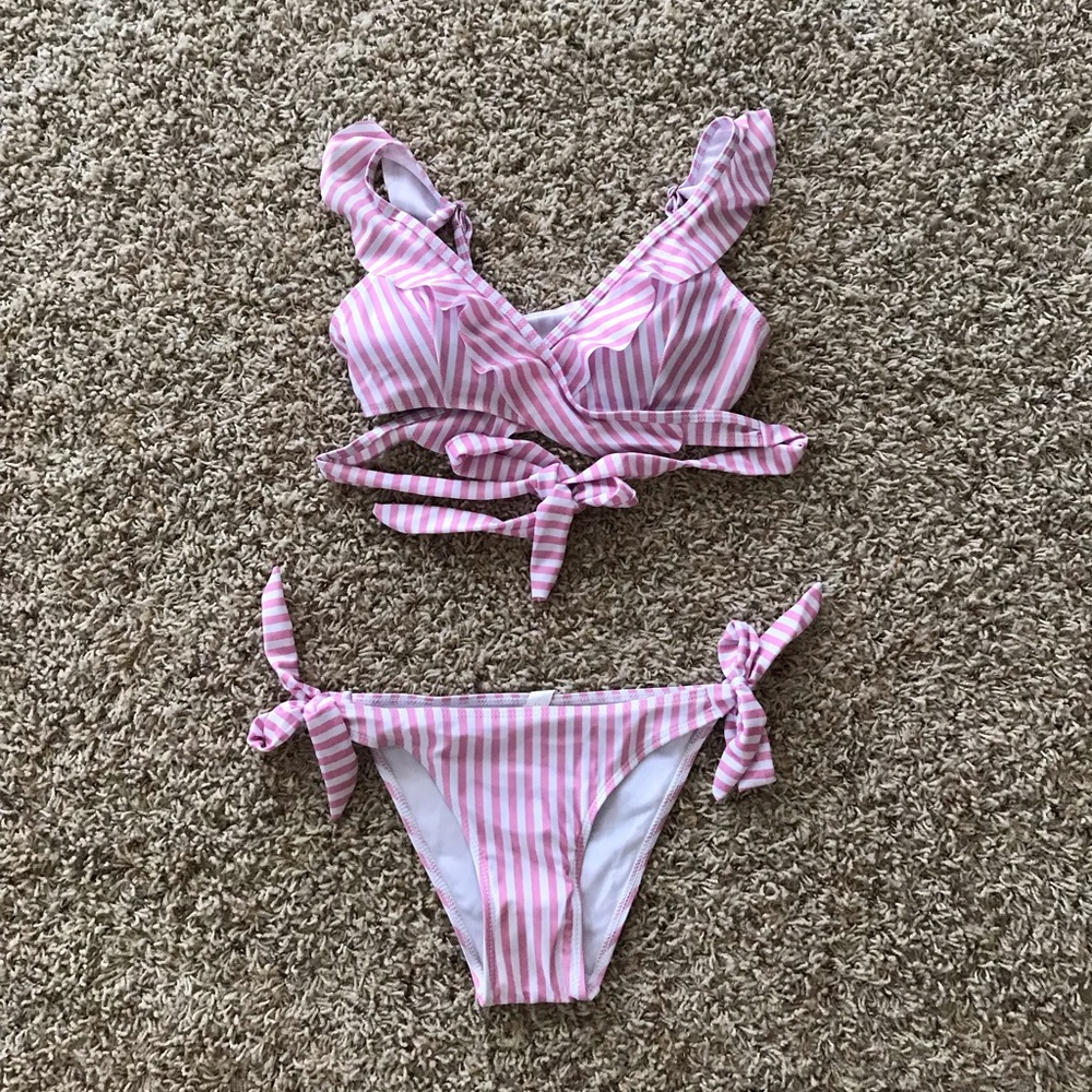 NWOT pink and white stripe bikini